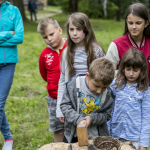 Kilkoro dzieci a za nimi stojąca kobieta.