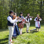 Ludowa kapela grająca na łące, z tyłu drzewa